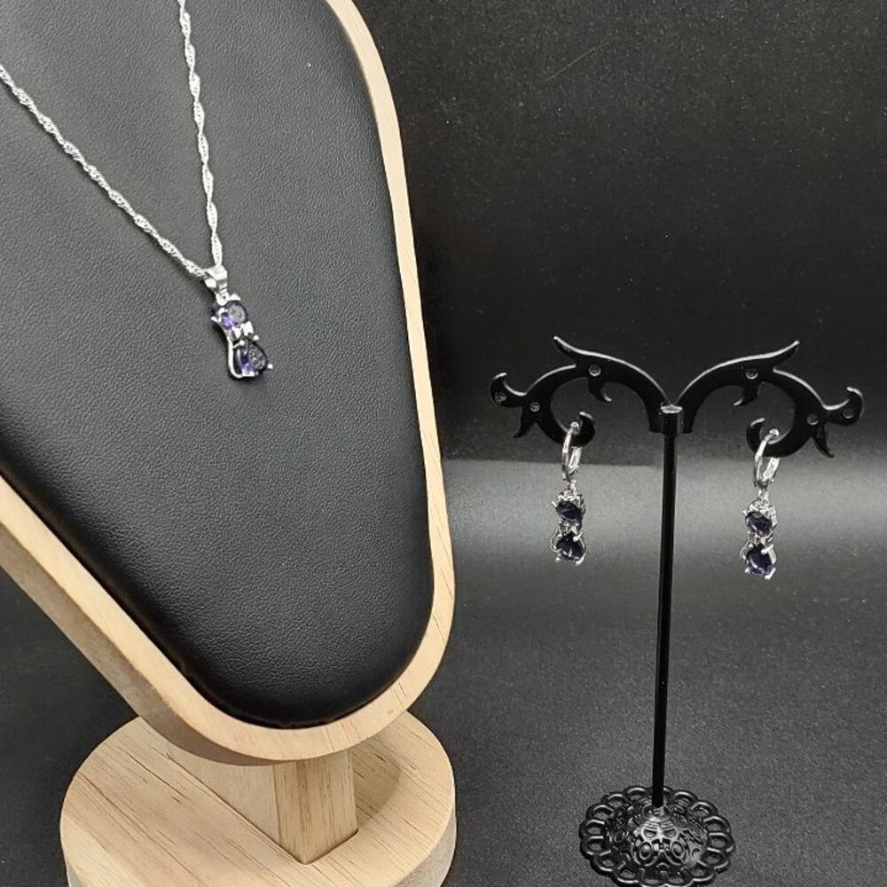 925 Silver Purple Lab Amethyst Cat Necklace Earrings Anniversary Birthday Gift
